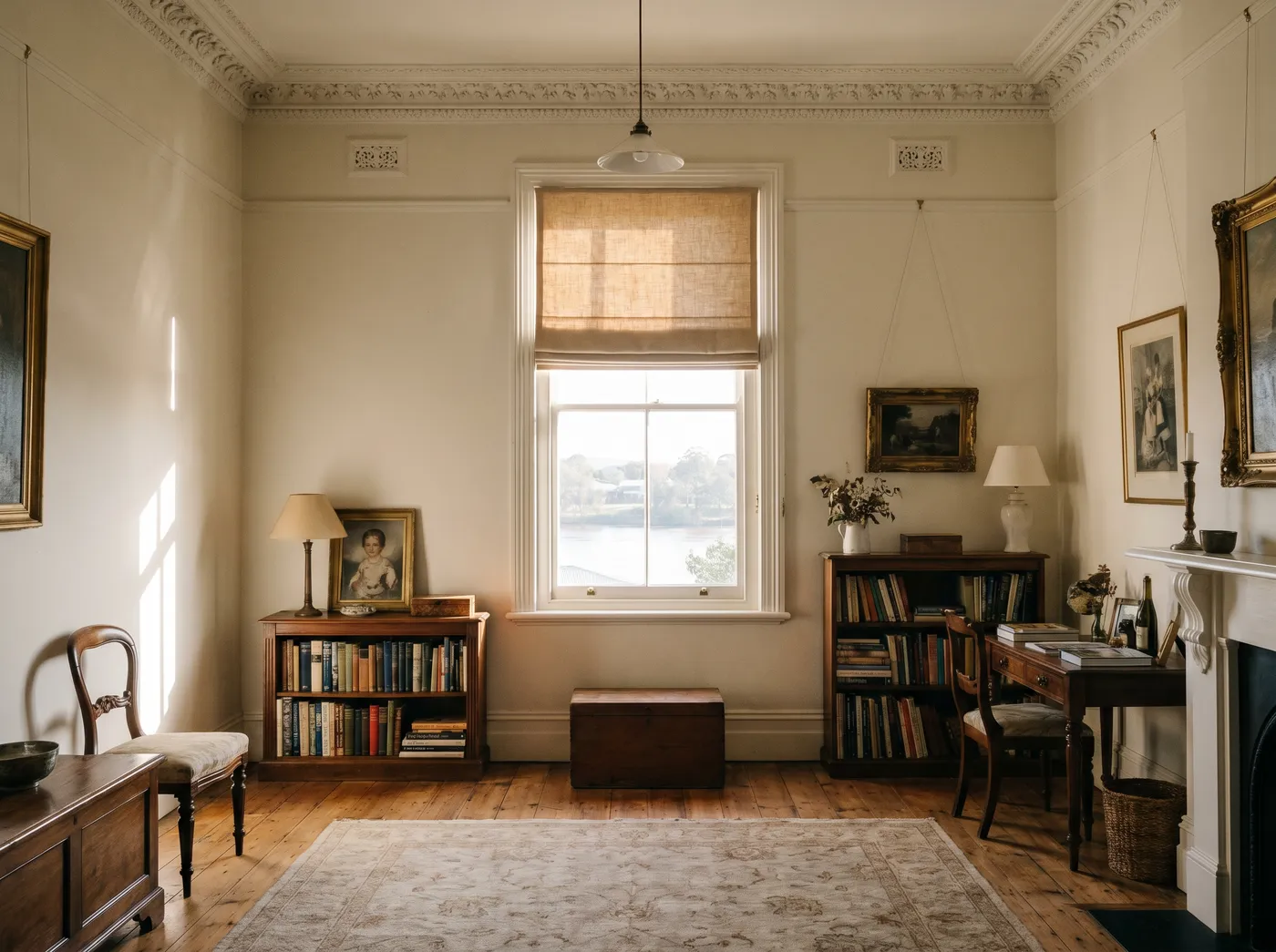A tall period sash window in a heritage Maitland home dressed with a natural-linen Roman blind