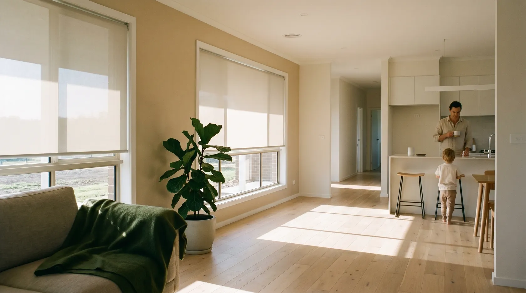 Light-filtering roller blinds softening morning sun in an open-plan living room
