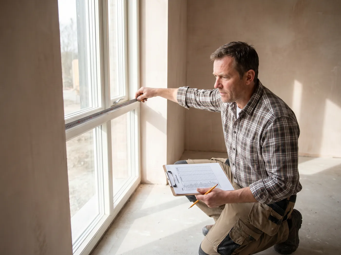 An installer measuring a bare new-build window with a tape measure and a printed room-by-room schedule
