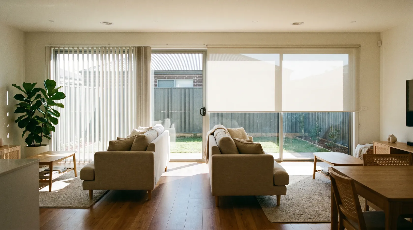 An open-plan Rutherford living space with vertical and roller blinds on a wide rear slider