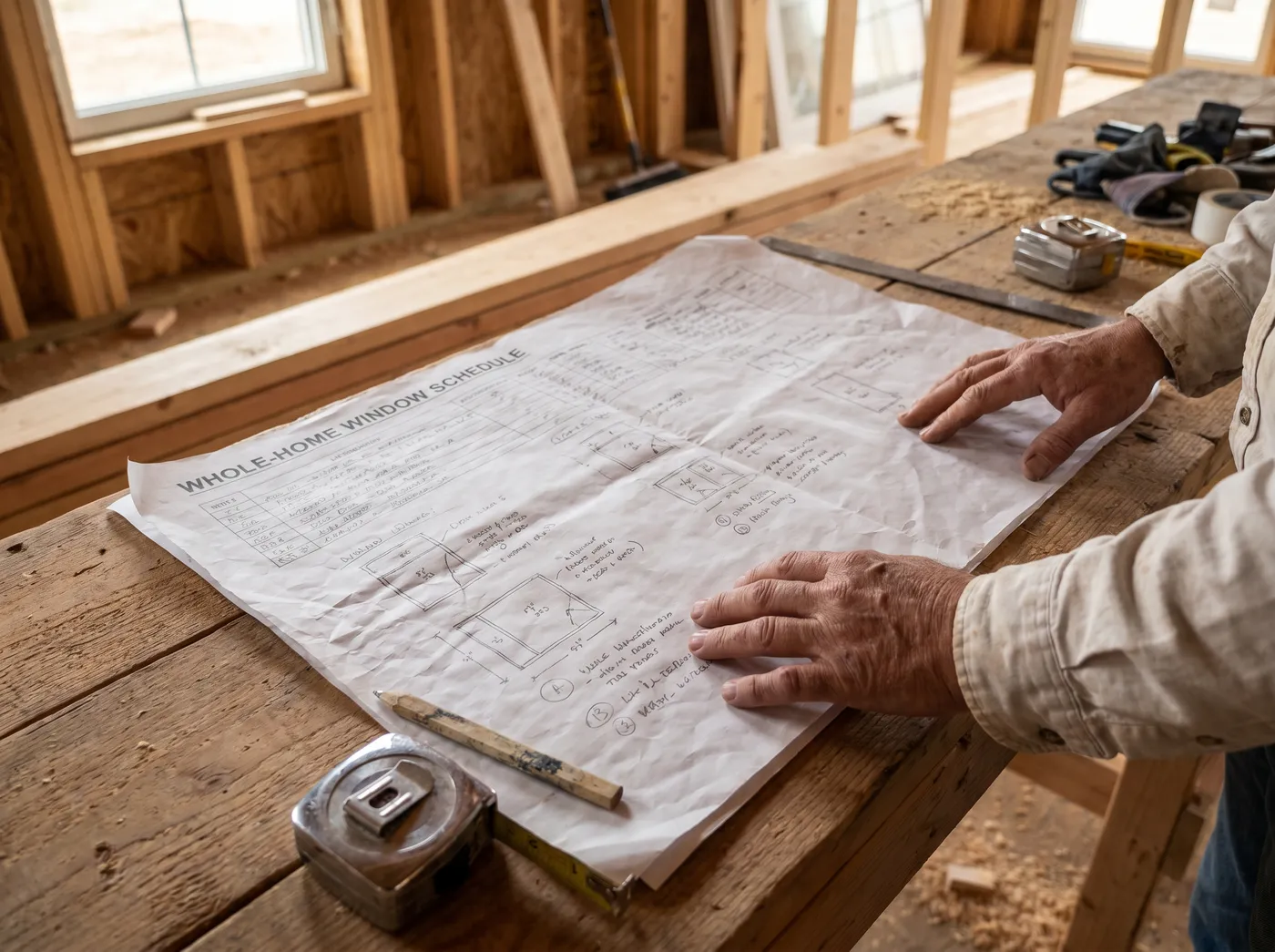 A hand-annotated room-by-room covering plan laid out on paper in a nearly-finished house