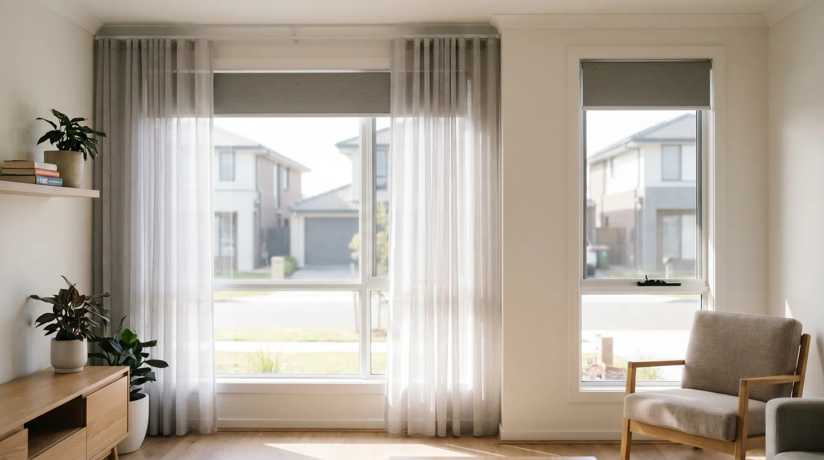 Layered sheer and blockout blinds giving privacy to a front room on a close street