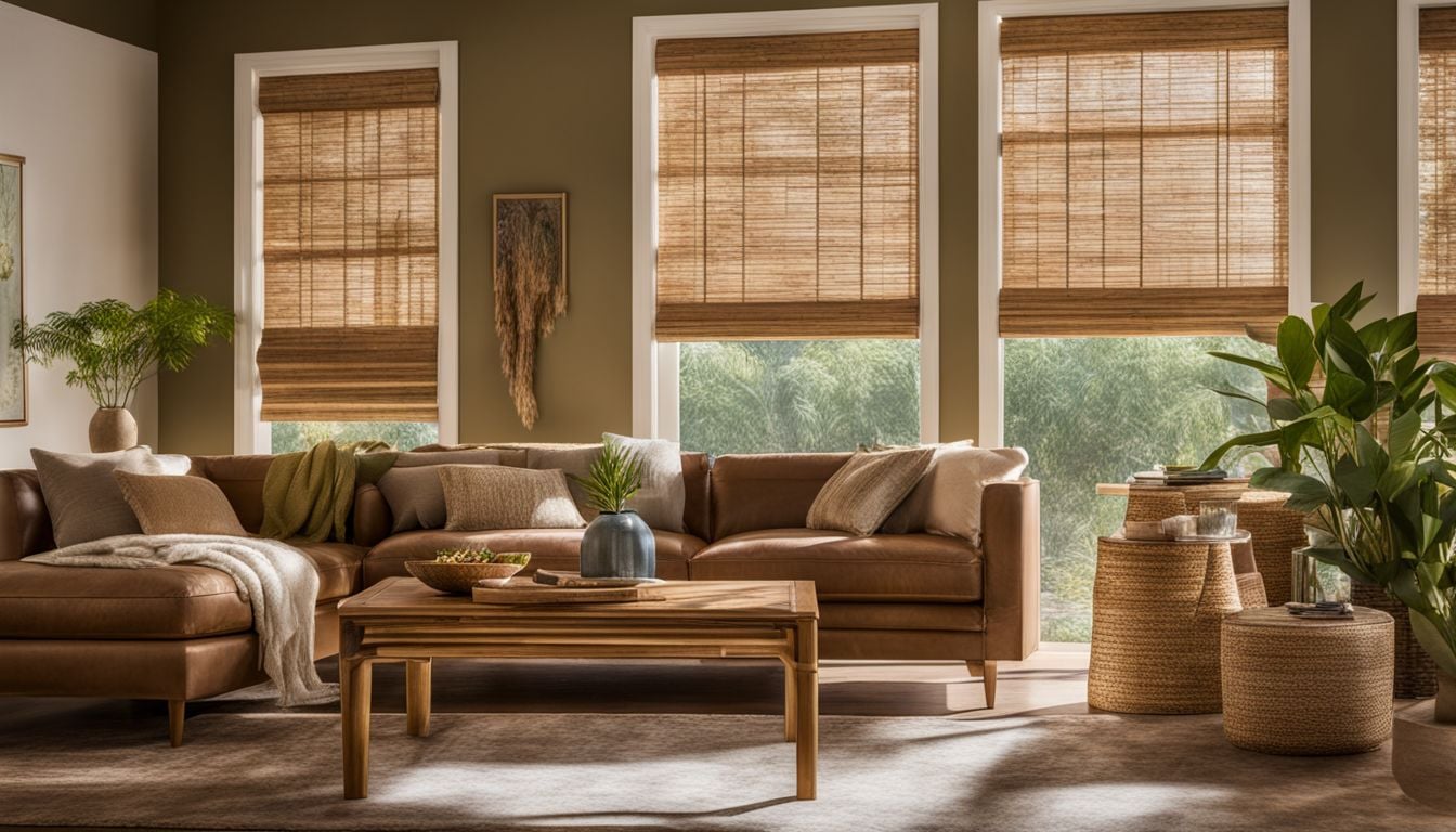 a photo of bamboo roman shades in a sunlit eco friendly living room.