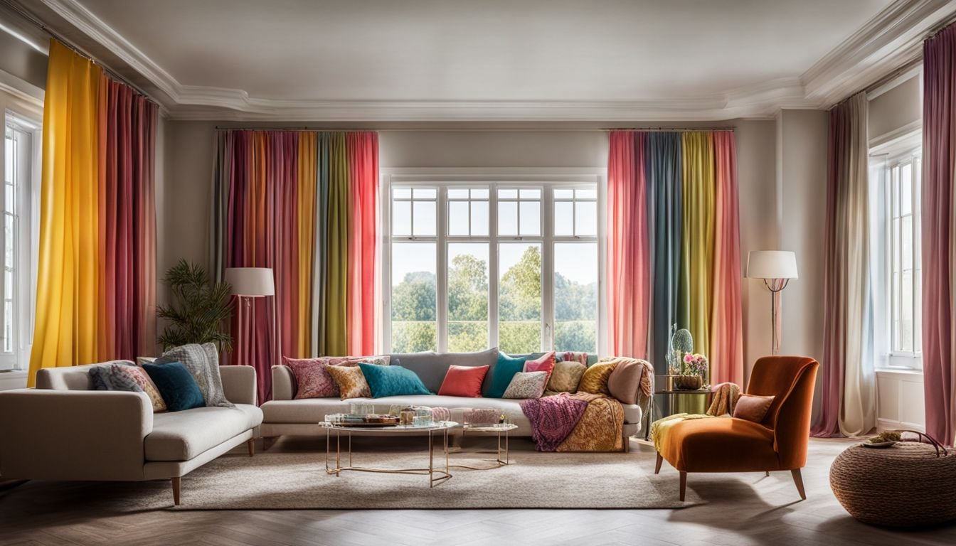 a variety of colourful window curtains hanging in a bright room.