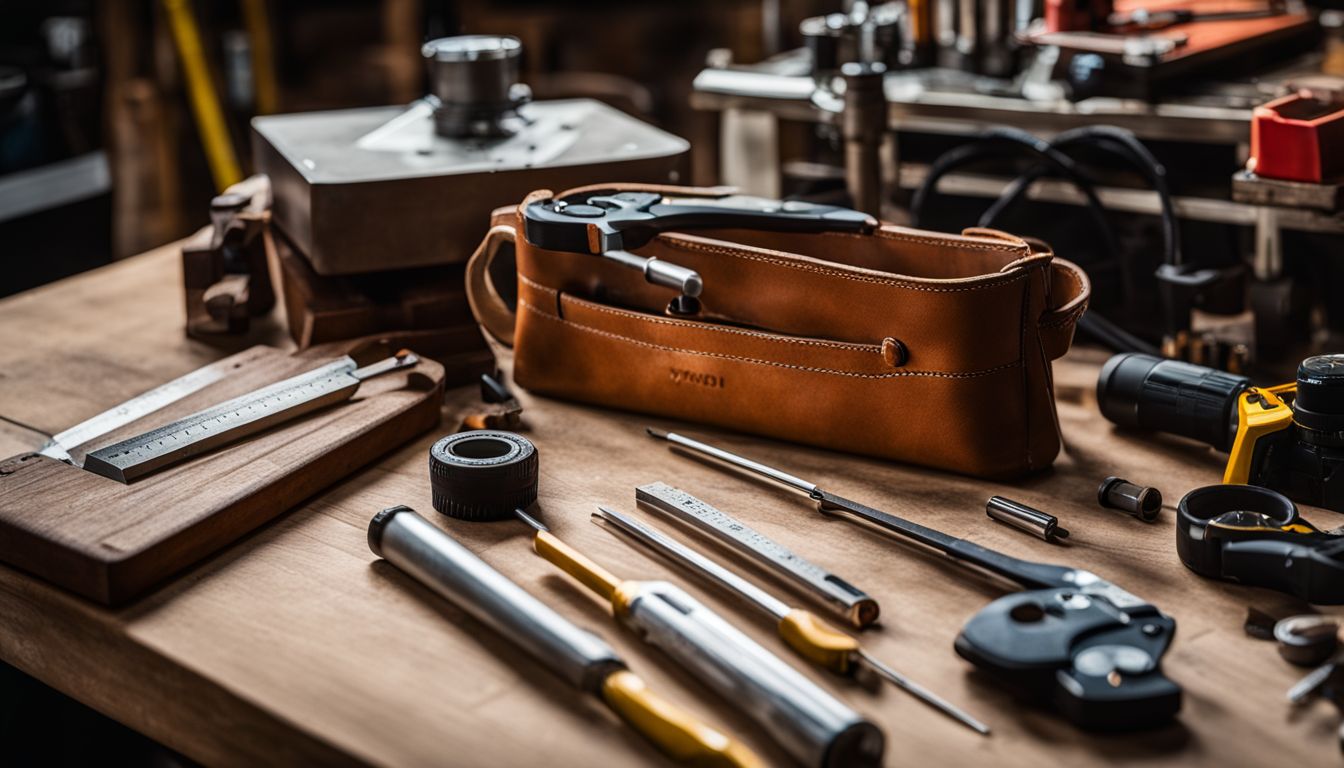 A set of precision measuring tools and a level on a neatly organized workbench.