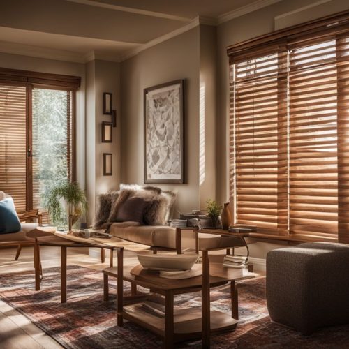 elegant faux wood blinds in a well lit interior setting.