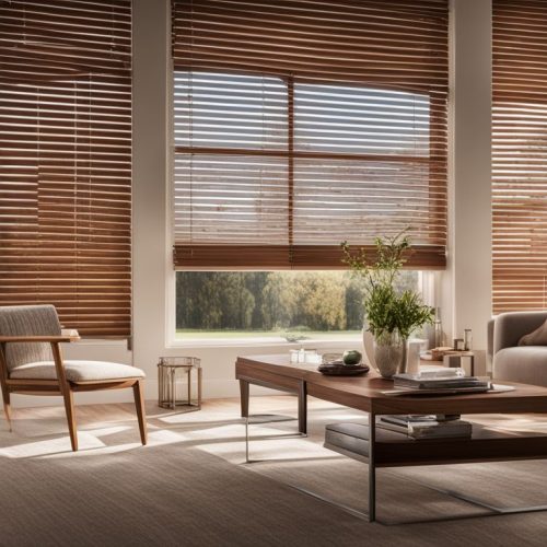 a photo of elegant faux wood blinds with a natural filter.