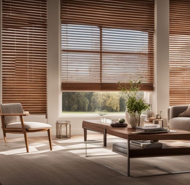 a photo of elegant faux wood blinds with a natural filter.