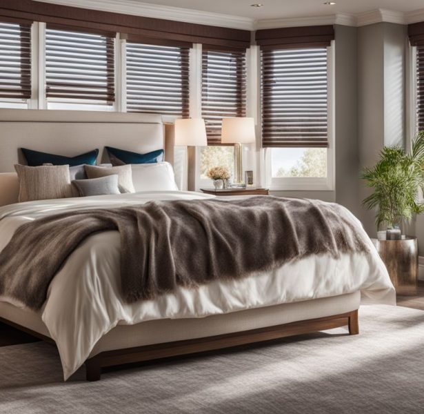 a luxurious bedroom with elegant roman blinds flooded with natural light.
