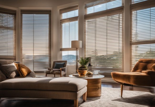 a set of well maintained blinds against a clean window in a bustling atmosphere.