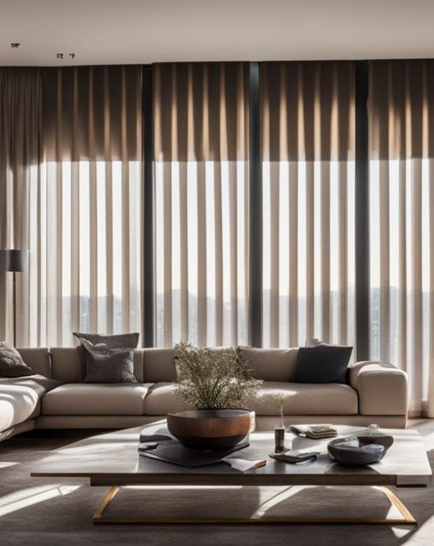 motorised blinds blocking sunlight in modern living room with cityscape view.