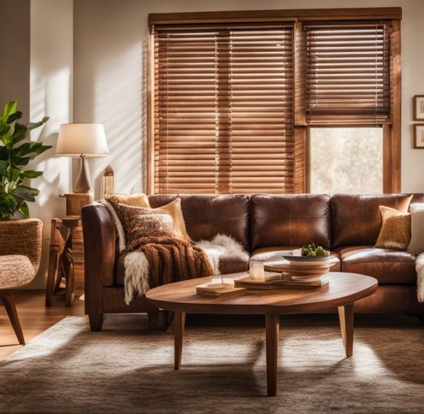 a sunlit living room with faux wood and real wood blinds.