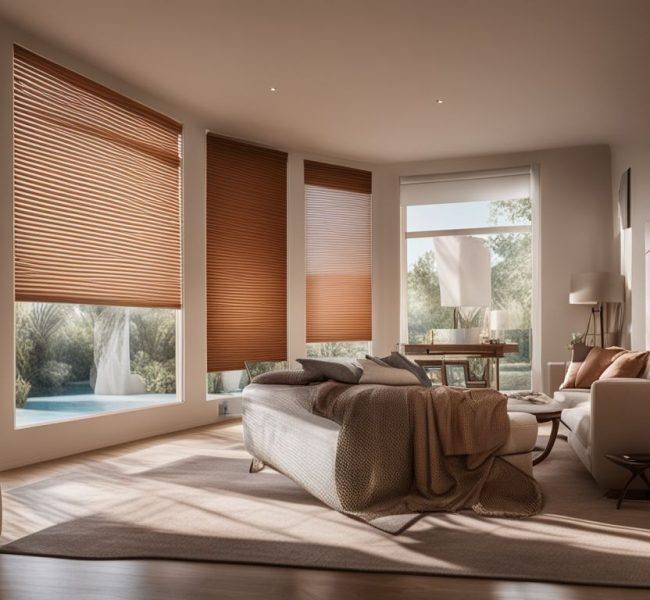 a photo of honeycomb blinds casting patterns in a well lit room.