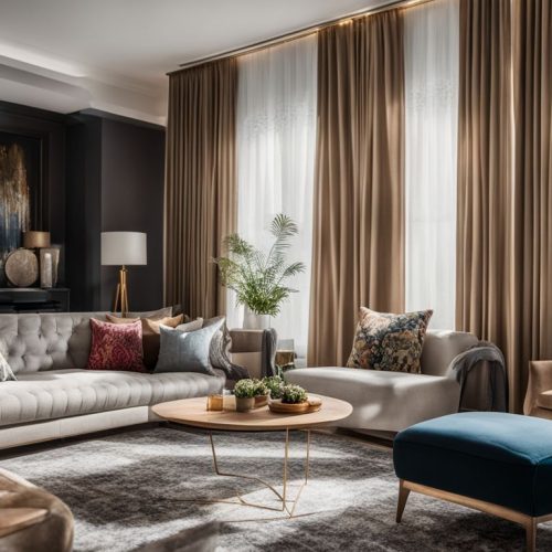 elegant patterned curtains in a modern, well furnished living room.