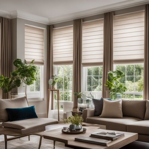 elegant roman blinds in a modern living room with well lit atmosphere.