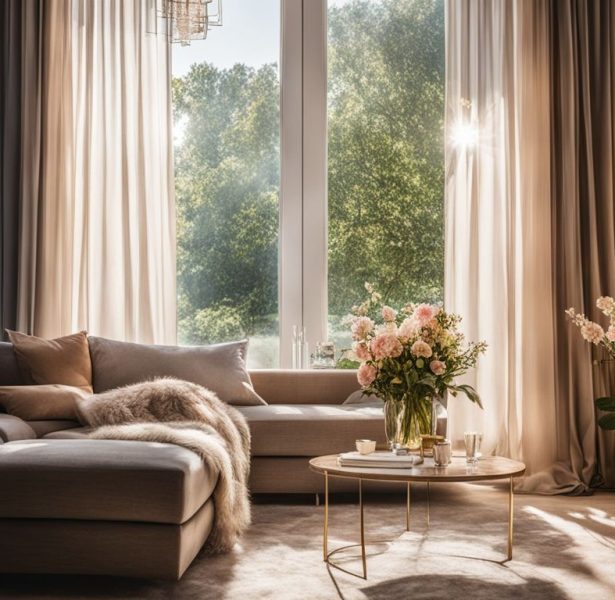 a room with flowing curtains and blooming flowers seen through a window.
