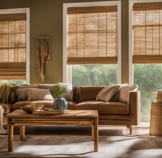 a photo of bamboo roman shades in a sunlit eco friendly living room.