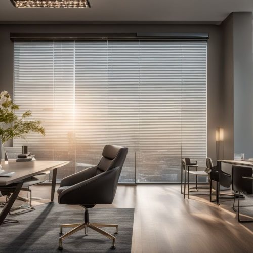 elegant cellular shades in a modern office with a bustling atmosphere.
